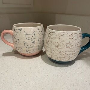 Anthropologie cat mugs pink and teal